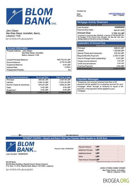 Modèle Word et PDF de relevé hypothécaire de la BLOM Bank du Liban